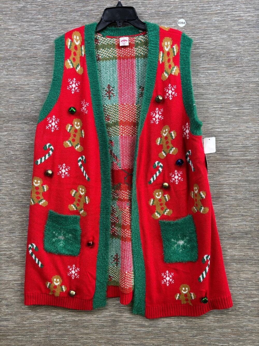 Holiday Time Christmas Sweater Vest Gingerbread Man Candy Canes Bells Sz XXL NEW